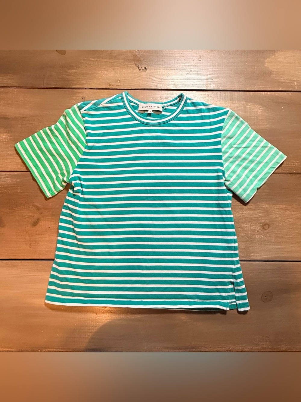 English Factory Green White Striped Tee Preppy Coastal Casual Short Sleeve Top - Picture 2 of 11